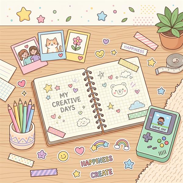 Creative desktop layout containing notebook paper, sticker badges, pixel console, and pencils