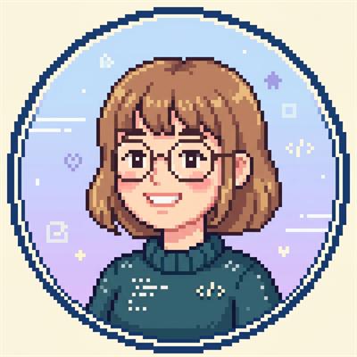 Pixel art avatar portrait of the developer Rinn with glasses, brown hair, and orange jacket